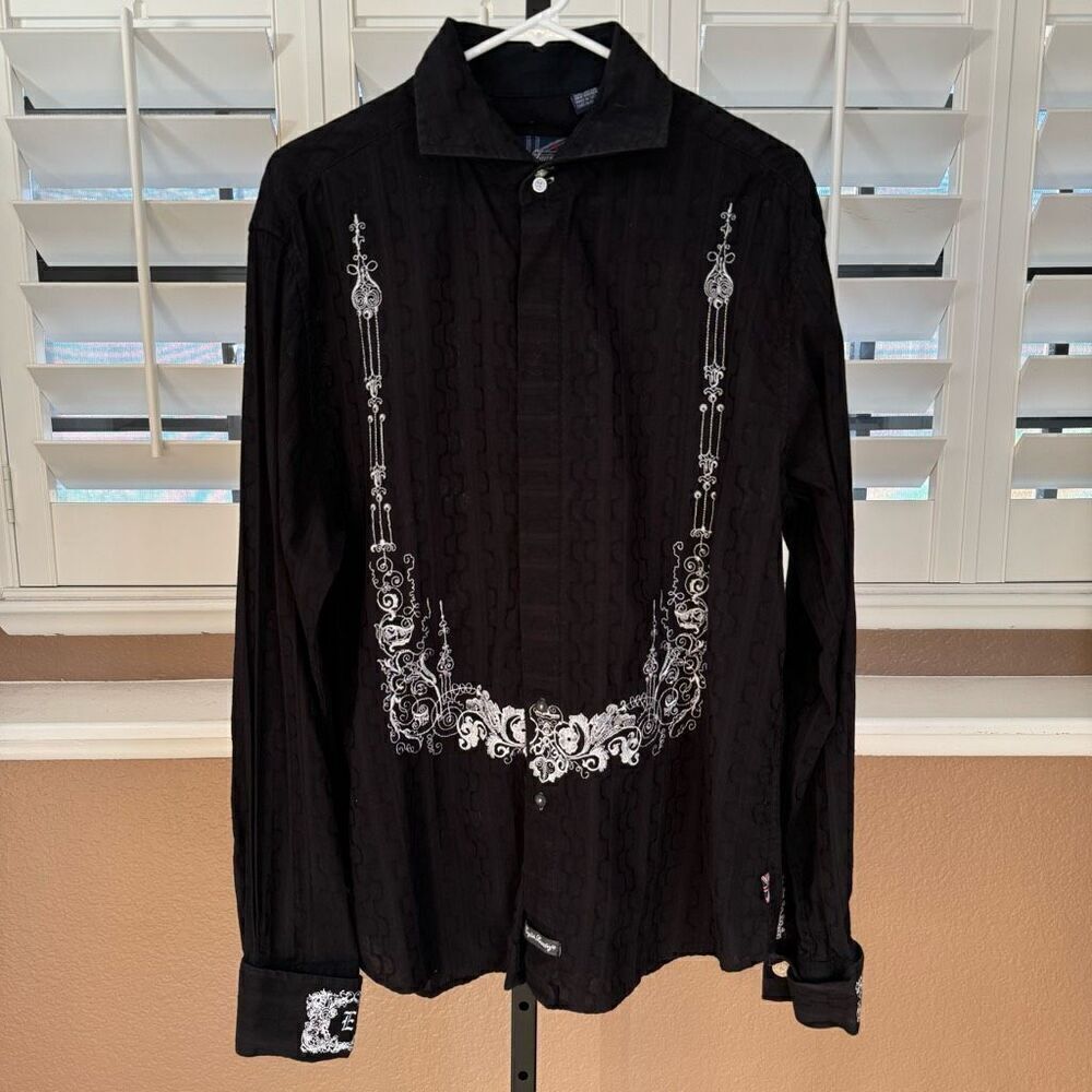 English Laundry Christopher Wicks L Embroidered Button Up Black White Hand Sewn